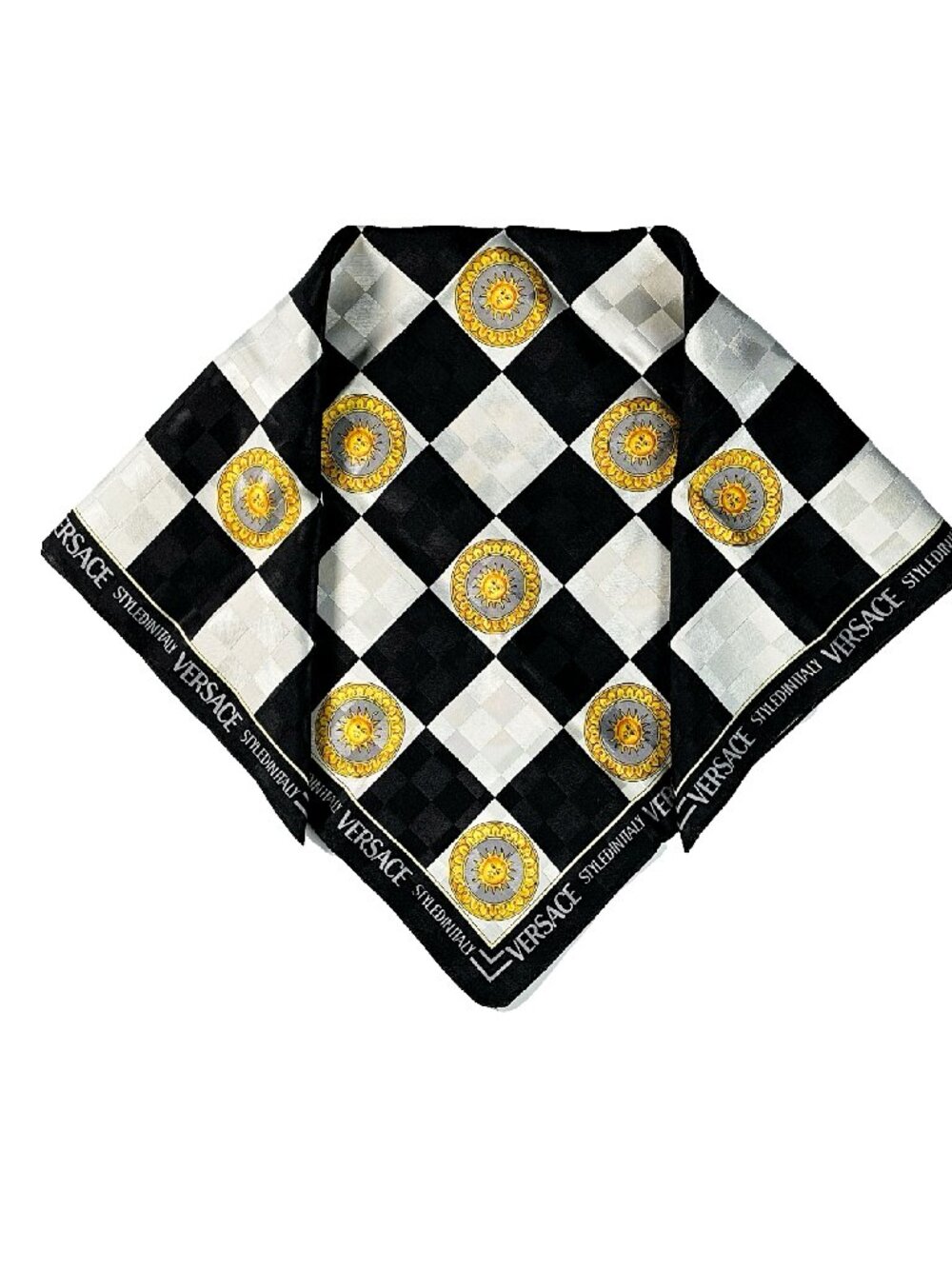Versace Vintage Checkerboard Sun Print Scarf Black White Gold